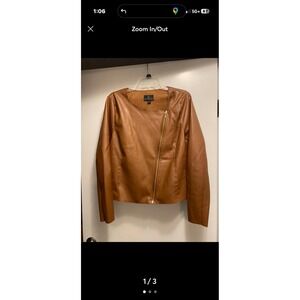 Women's Faux Leather Moto Jacket Cognac Asymmetrical Zip Long Sleeve